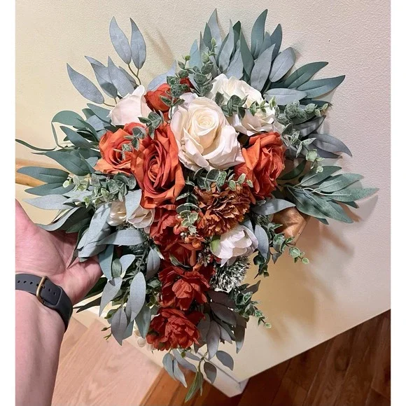 Large Silk Wedding Bouquet Orange Ivory Roses Cascade Bridal Flowers 23" x 18" - Picture 8 of 8